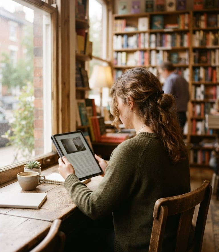 Over-the-shoulder view of a person reading on a tablet in a cozy, sun-drenched local independent bookstore, warm morning window light, shallow depth of field, 35mm