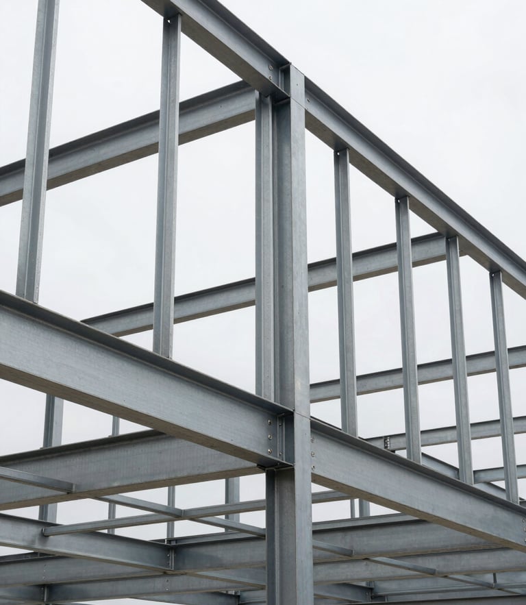 Low-angle architectural shot of a light gauge steel frame structure under high-contrast daylight, showing precise vertical and horizontal studs and tracks