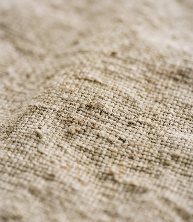 Macro detail of raw flax linen texture, soft natural window light highlighting the organic weave and subtle wrinkles, warm oatmeal and raw plaster tones, shallow depth of field, editorial 35mm film photography