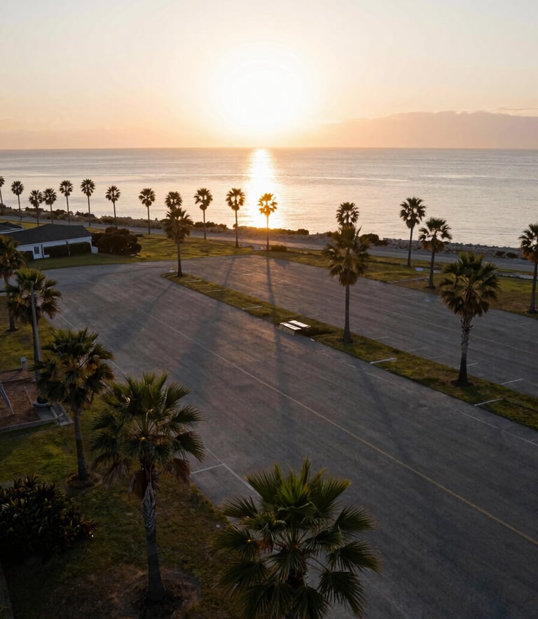 Drone-level wide shot of a palm-lined coastal vacant lot at golden hour, warm sunset light reflecting off calm water in the background, clean composition.