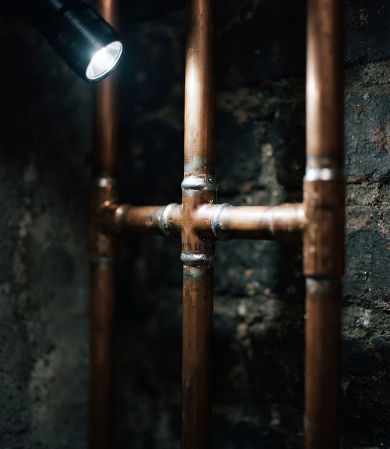 Tight portrait macro shot of clean copper piping joints with fresh solder, illuminated by a sharp utility flashlight beam against a dark charcoal background, high-contrast orange and charcoal tones, 35mm