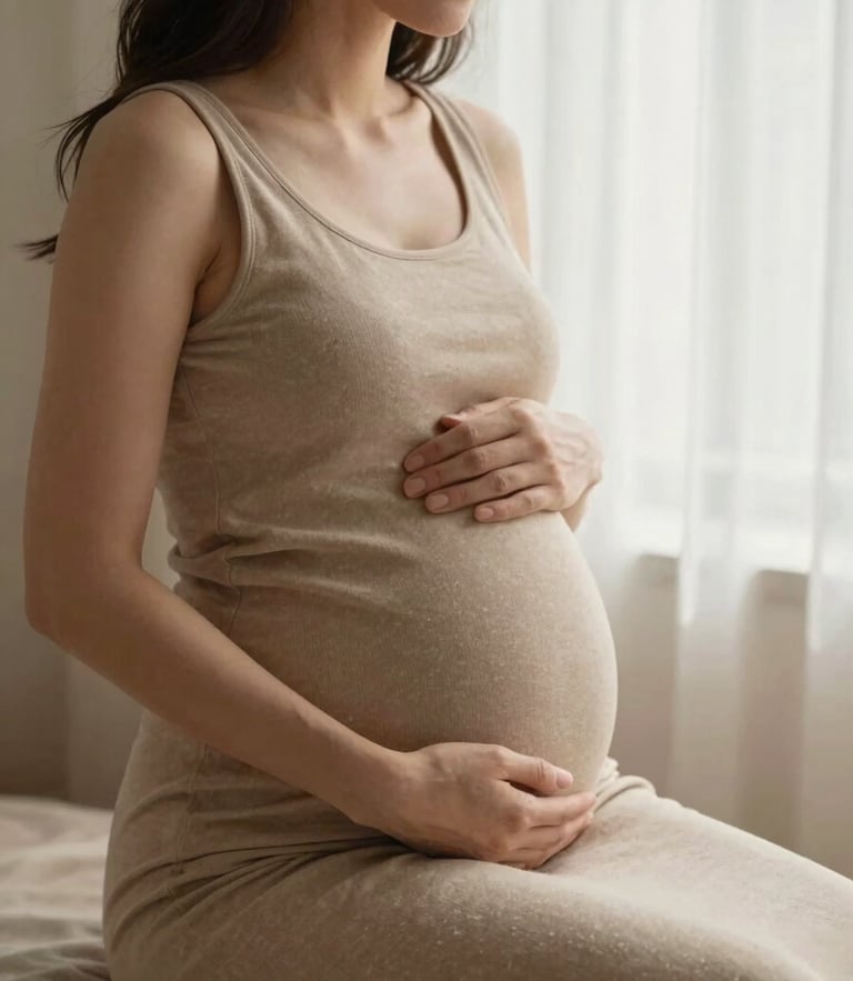 Serene portrait of a pregnant woman sitting in soft window light, hands gently resting on her belly, warm oatmeal tones, elegant and calm, 35mm