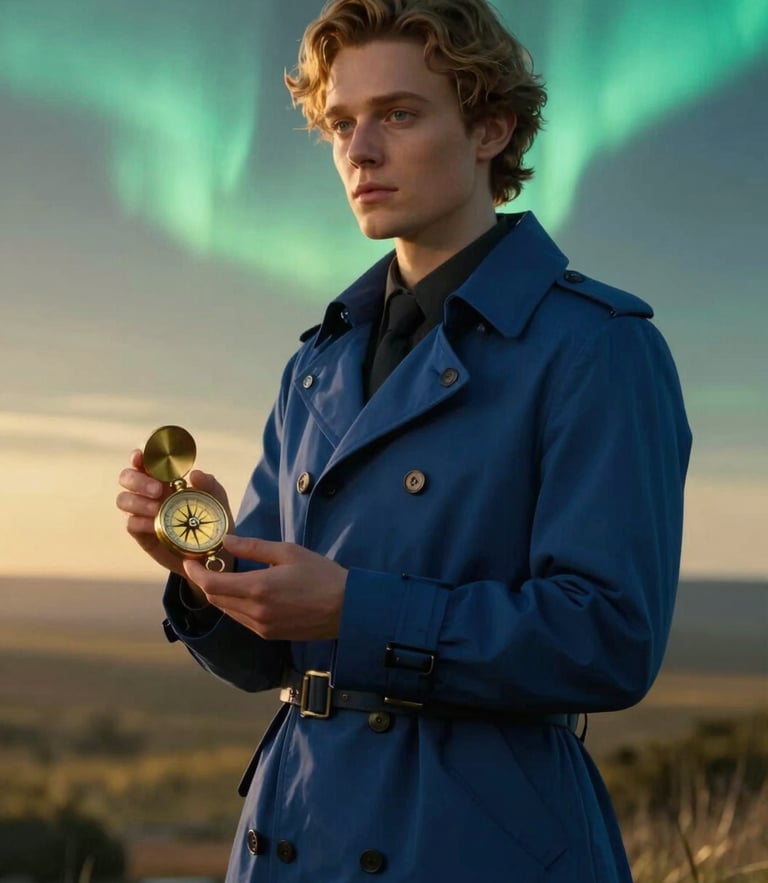 Cinematic portrait of Heyden Claus wearing a tailored deep-blue explorer coat, holding a glowing brass compass, soft aurora teal light illuminating her face, anamorphic lens.