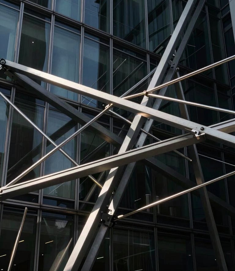 Abstract high-dimensional vector network intersecting with architectural glass, stark high-contrast lighting, deep shadows.