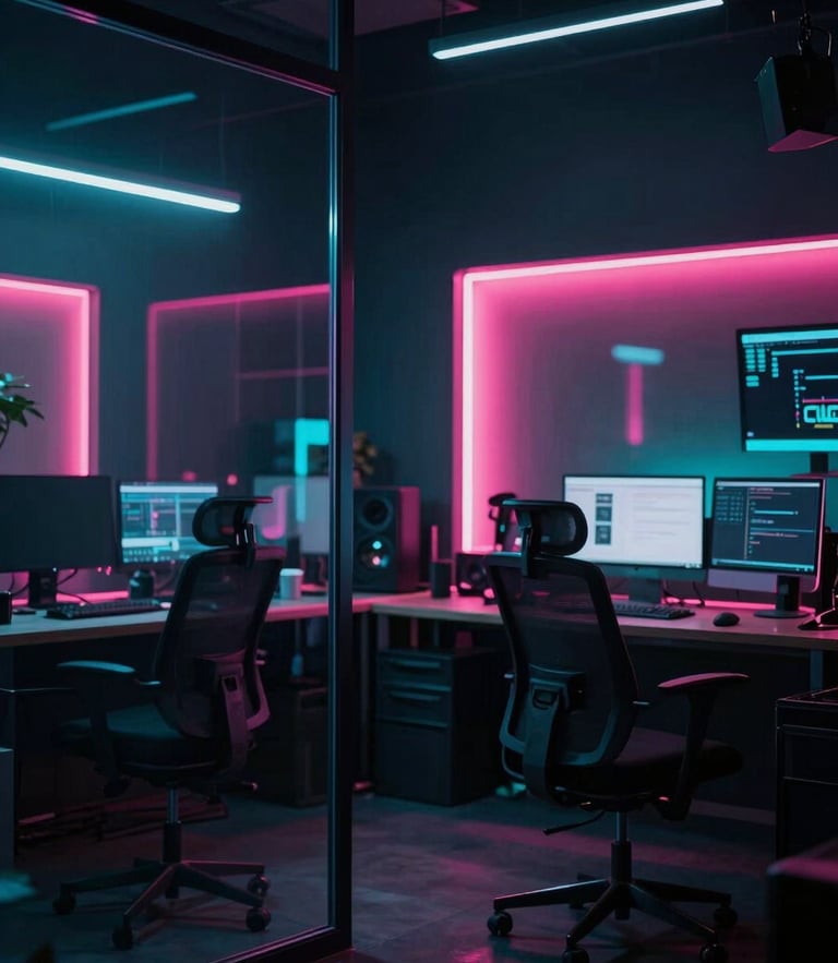 Cinematic wide shot of a dark-mode creative studio in Ahmedabad, moody neon pink and cyan backlights reflecting off glass partitions, 35mm lens.