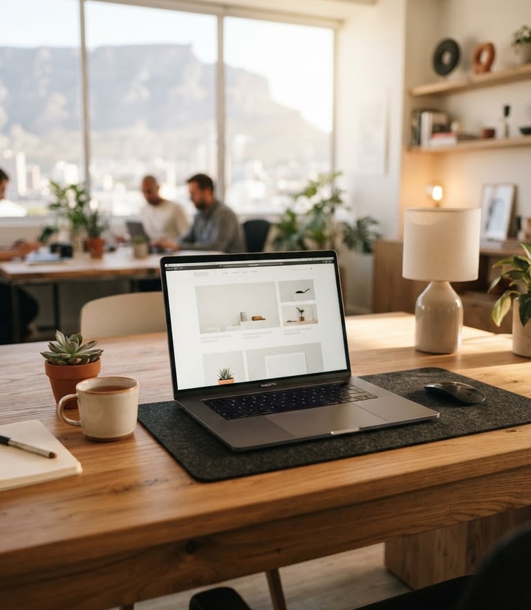 A bright modern workspace in Cape Town with natural morning light, a laptop open on a wooden desk showing a clean website layout, shallow depth of field