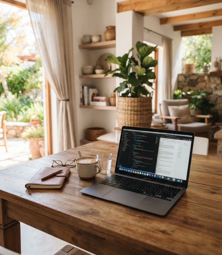 Cozy South African B&B interior with a laptop on a wooden table, soft natural daylight, shallow depth of field
