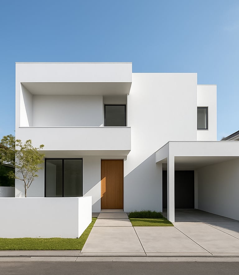 Bright architectural photography of a modern minimalist house exterior in Depok, clean white walls, natural morning daylight, sharp focus