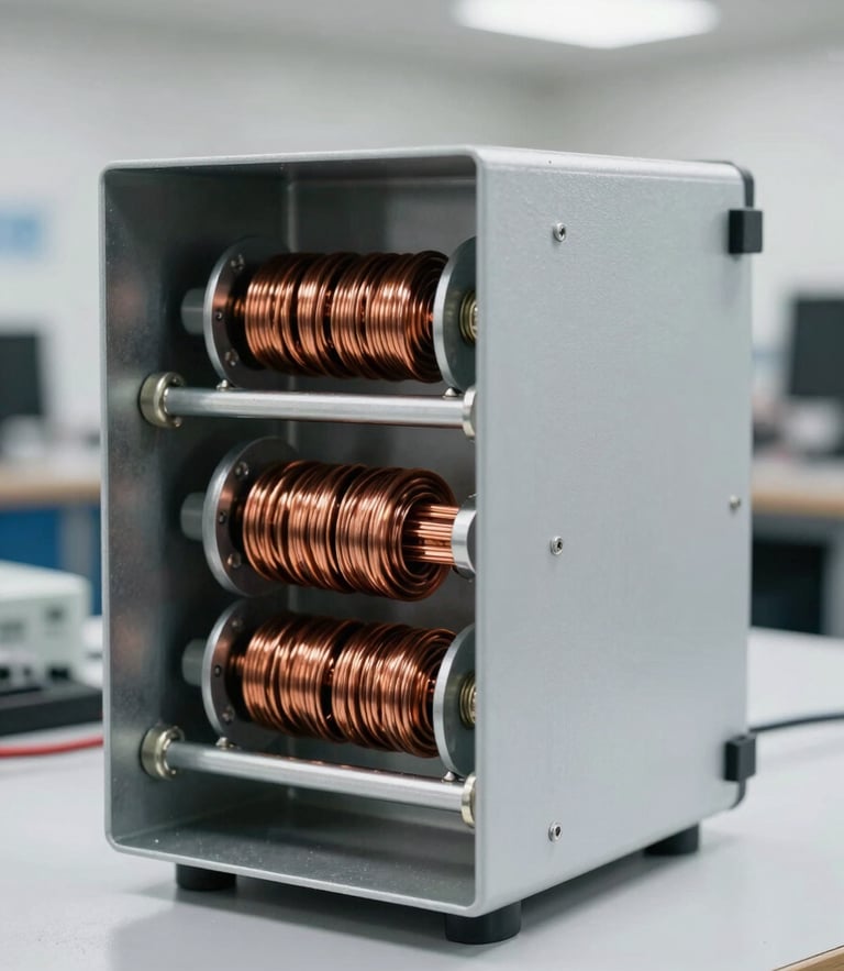 Straight-on technical shot of a heavy-duty digital servo voltage stabilizer showing copper coils inside a metallic enclosure, bright workshop lighting, 50mm