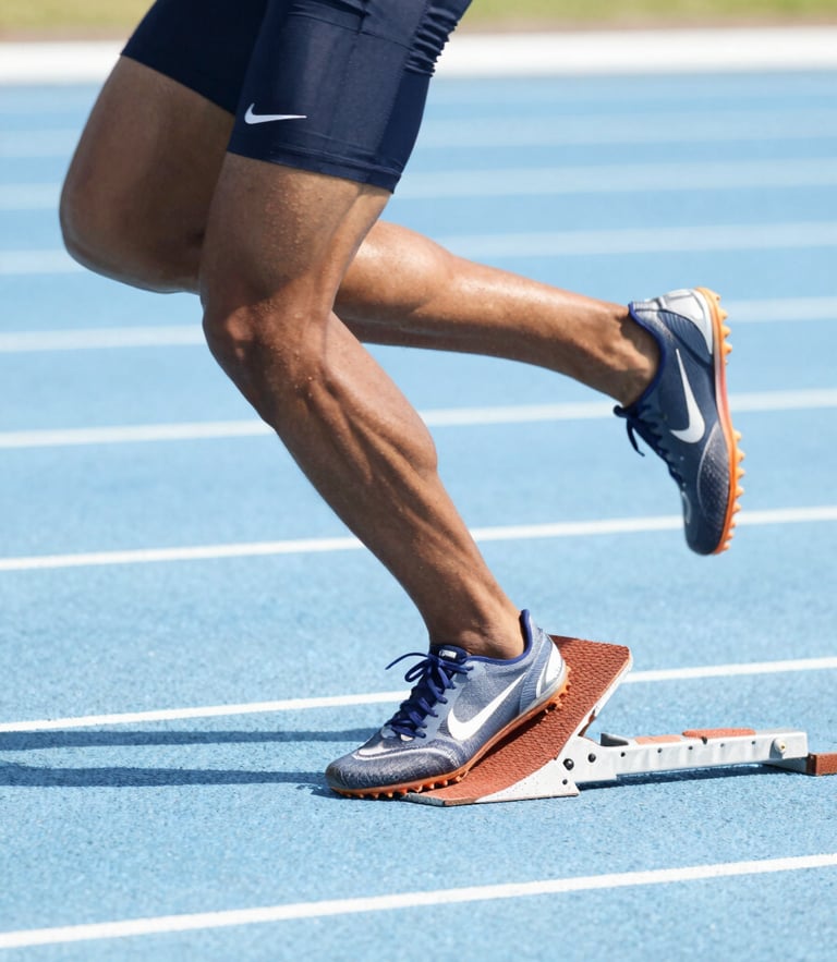 Dynamic close-up of a sprinter exploding out of blocks on a bright blue track, high-key natural daylight, crisp action freeze-frame, 35mm