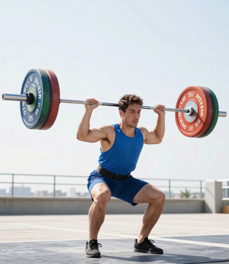 bright high-key athletic photography, crisp natural daylight, athlete performing a heavy barbell clean, dynamic action freeze-frame, 35mm