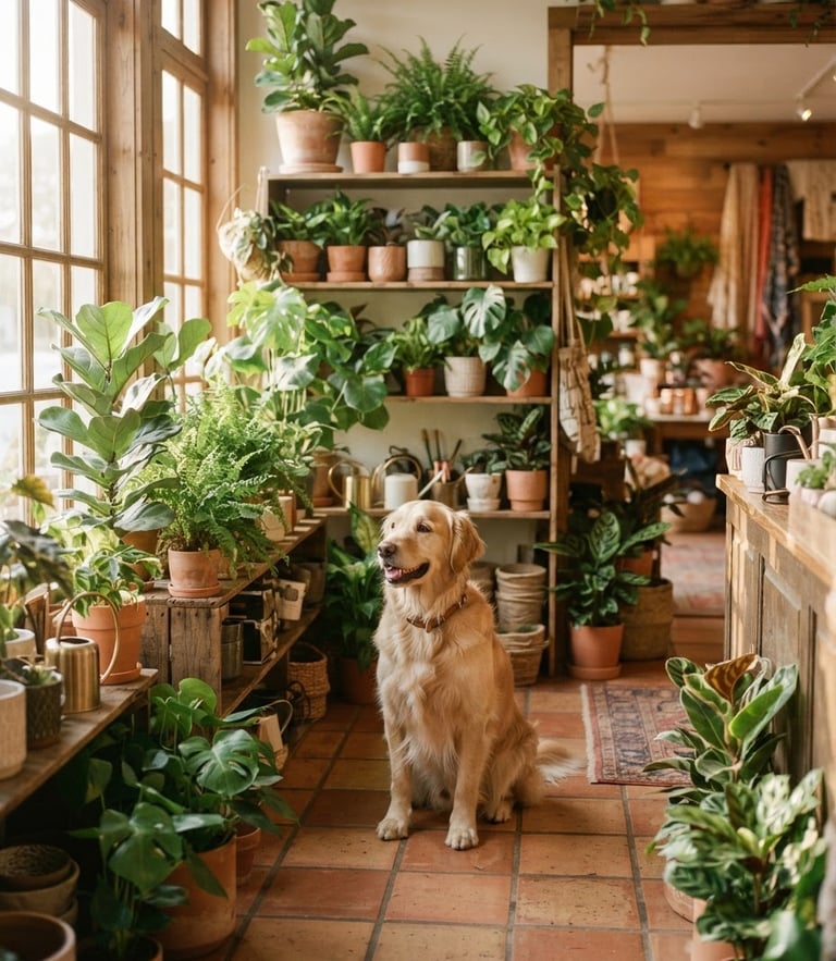 Warm editorial photography of a sunlit botanical boutique interior, soft golden-hour window light, lush non-toxic potted plants on wooden shelves, a happy dog sitting calmly on a terracotta tiled floor, shallow depth of field, 35mm.