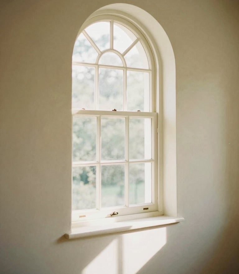 Soft diffused daylight streaming through a clean arched window, casting long gentle shadows on a warm cream wall, peaceful atmosphere, 35mm photography