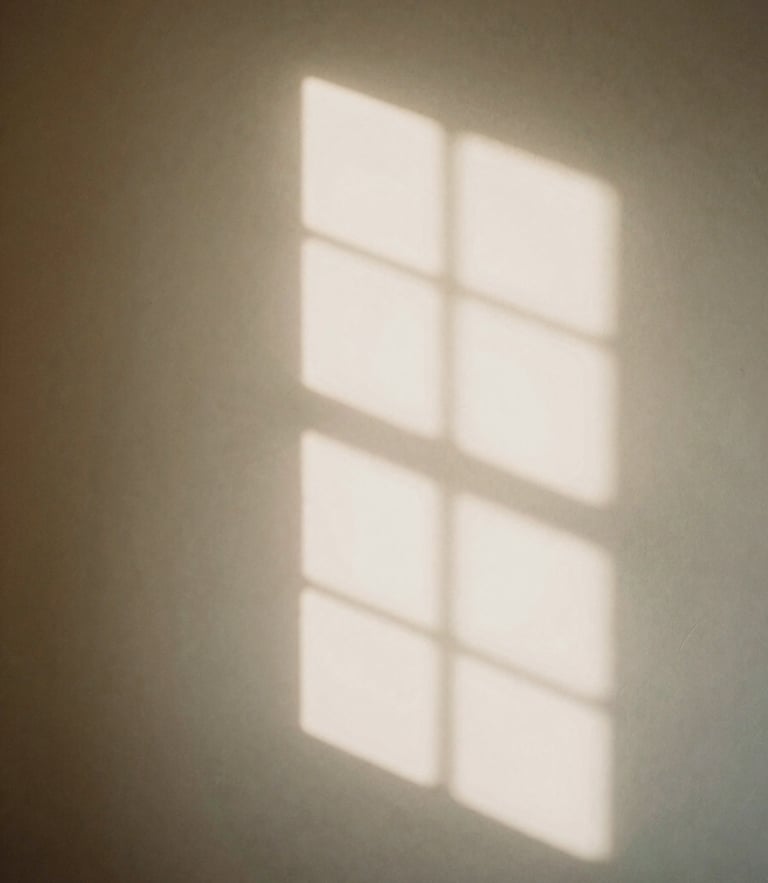 Soft diffused window light casting shadows on a warm plaster wall, quiet and peaceful atmosphere, 35mm photography