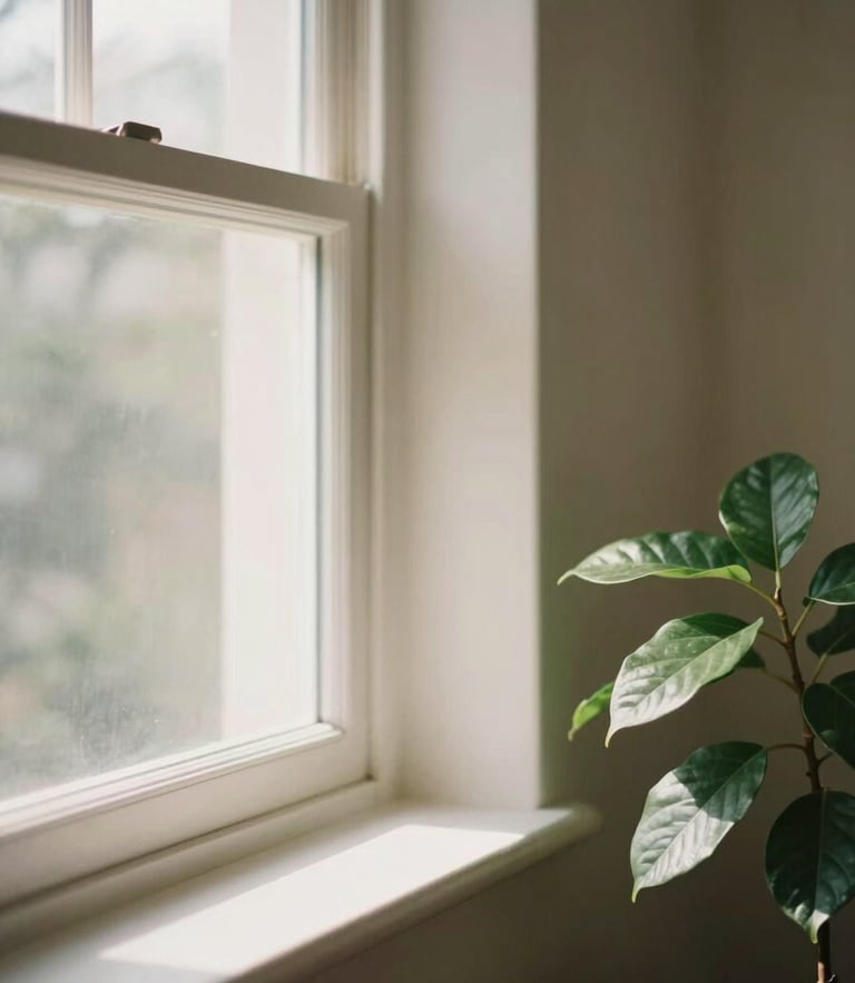 Soft diffused natural light shining through a window onto a calm, clean interior with a green plant in the corner, warm peaceful atmosphere, 35mm photography