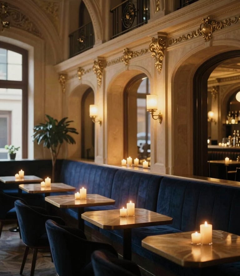 Cinematic warm candlelit hotel lounge in Clermont-Ferrand, elegant architectural details, soft golden hour glow, luxury travel style, 35mm film.