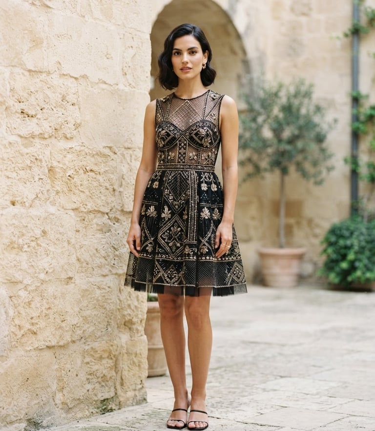 Editorial medium-close shot of a model wearing a structured mesh embroidered dress in a minimalist stone courtyard, soft natural daylight, sharp focus