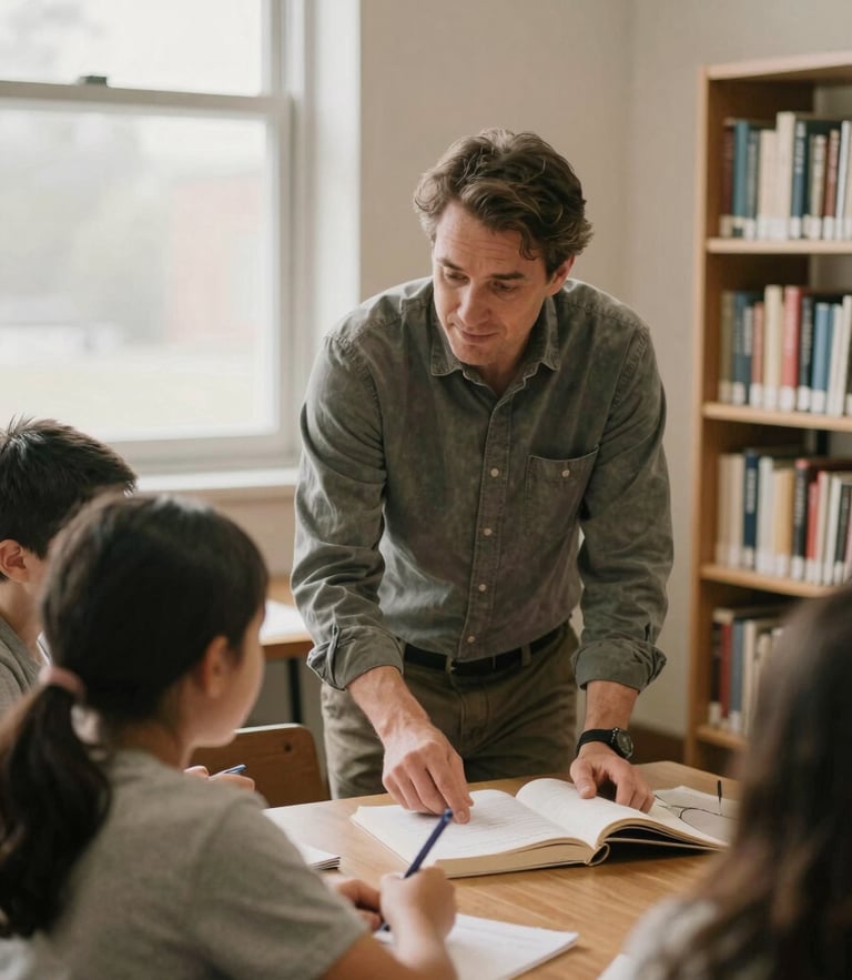 Warm environmental portrait of a community mentor guiding a student in a sunlit local library, natural window light, soft muted earth tones, 35mm film grain