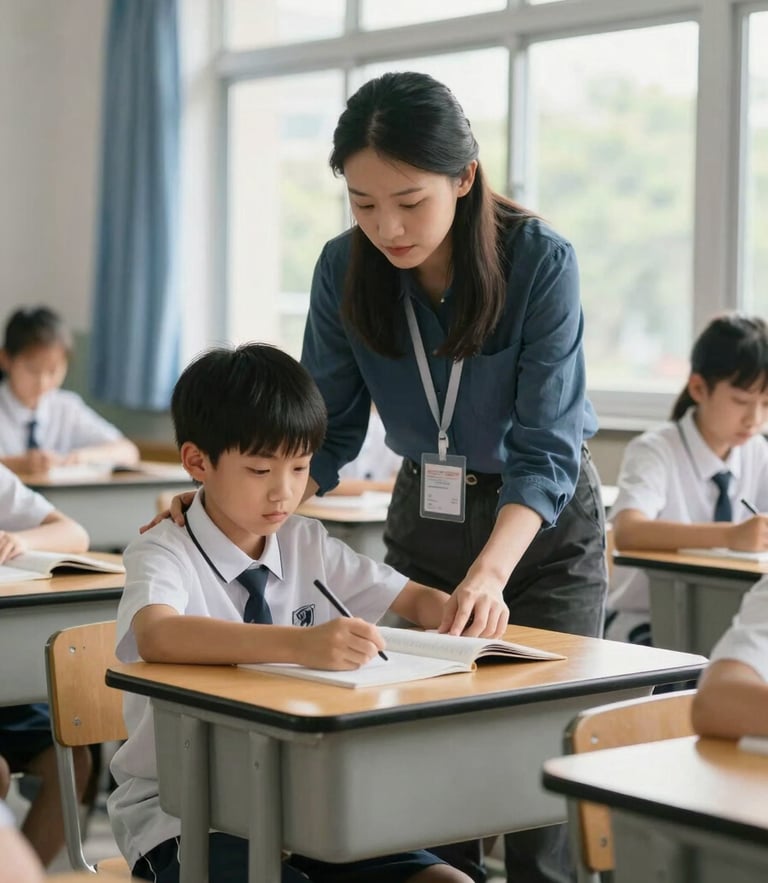 Candid medium shot of a teacher guiding a student over a wooden desk, bright natural daylight streaming through a large classroom window.