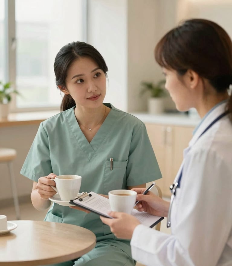 Warm editorial photography, medium shot of two healthcare professionals discussing a case over coffee in a bright, modern medical clinic, soft natural daylight, 35mm lens