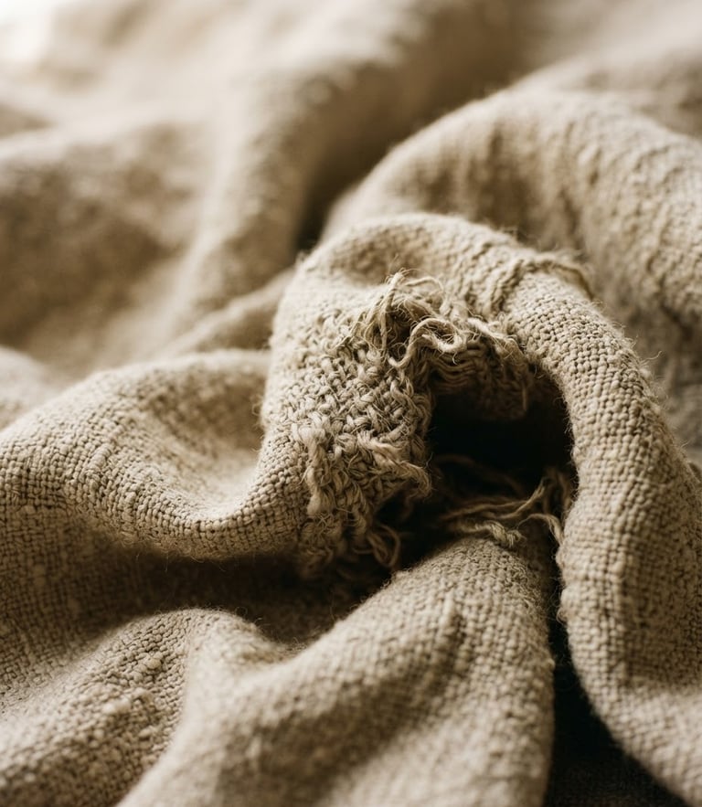 Extreme close-up of heavy-weight draped linen blanket showing deep natural folds and coarse texture, warm afternoon window light, 35mm
