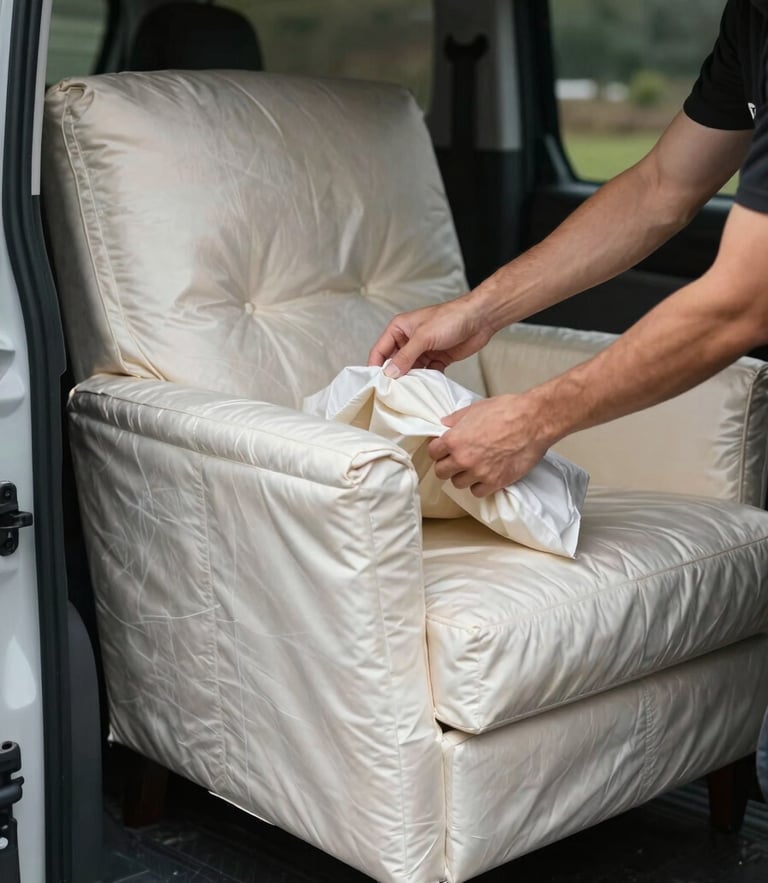 A close-up of hands carefully wrapping a bespoke silk-upholstered armchair in protective, padded archival textiles inside a clean, secure transport vehicle.