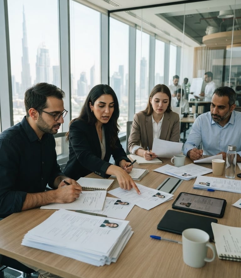 Professional corporate office setting in Dubai with bright natural daylight, a focused team reviewing international candidate profiles, editorial depth of field