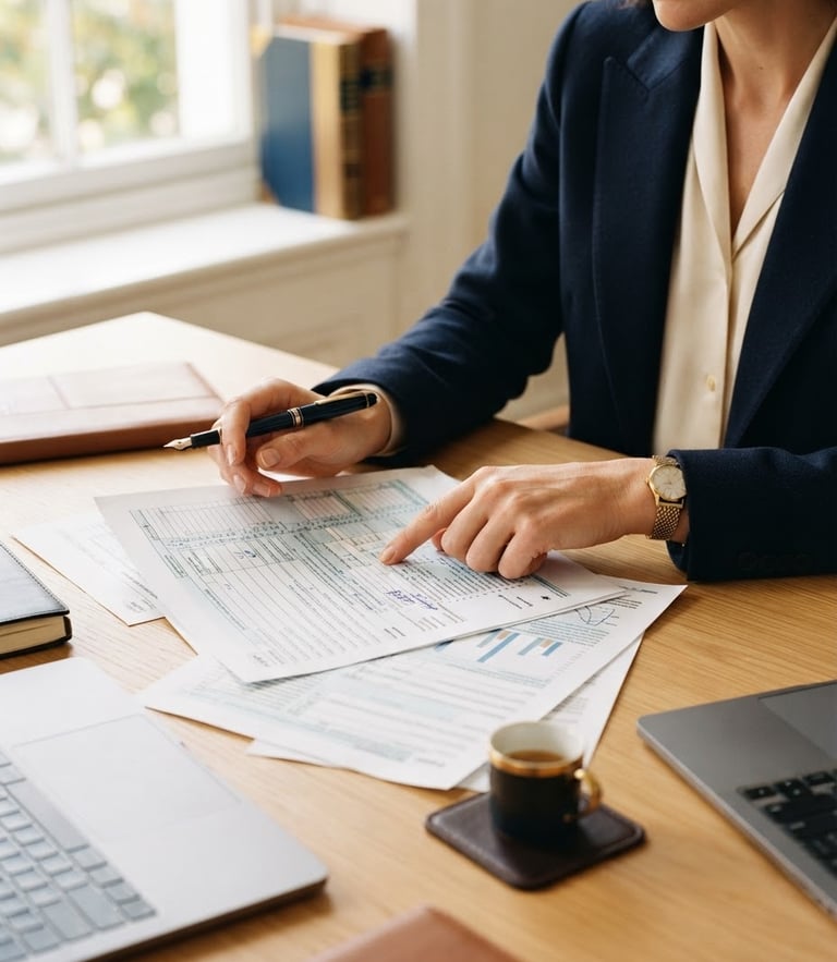 Hands of a professional in a navy suit reviewing structured tax documents on a clean wooden desk, soft natural window light, elegant atmosphere, 35mm.