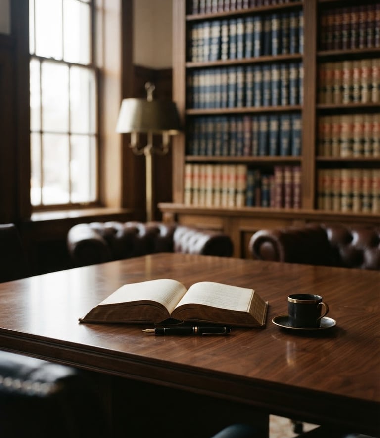 Warm editorial photography of a prestigious law office interior, soft window light reflecting on a dark wood table, leather-bound books in the background, shallow depth of field, 35mm