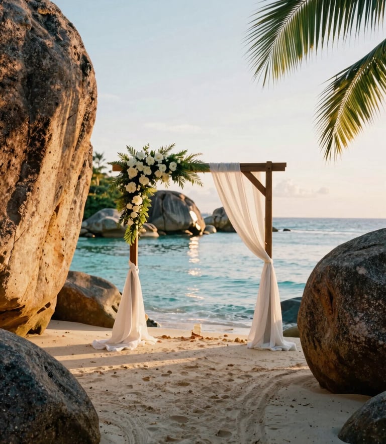 An elegant beach wedding arch framed by dramatic granite boulders at golden hour, warm tropical light reflecting off calm turquoise water, medium format photography.