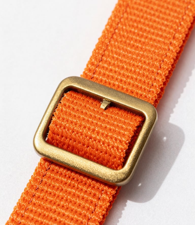Macro shot of heavy-duty stitching on vibrant orange webbing, solid brass buckle in sharp focus, bright natural daylight, clean white background