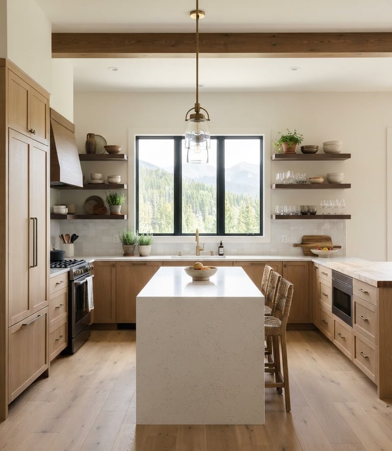 Straight-on architectural angle of a modern mountain kitchen remodel, bright natural daylight streaming through a window, clean tile lines and timber details, sharp focus, 35mm lens.