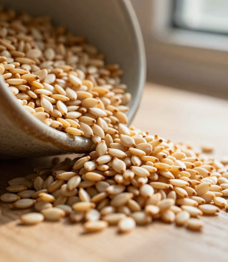 Macro close-up of raw golden sesame seeds spilling from a textured ceramic bowl, warm morning window light, rich earthy shadows, 35mm