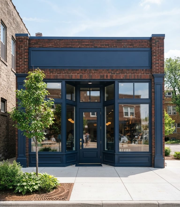 Straight-on architectural facade of a brick storefront on Prospect Road in Peoria Heights, bright natural midwestern daylight, clean navy and white tones, sharp focus, 35mm