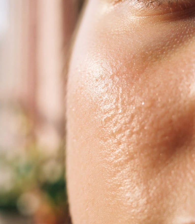 Macro close-up of natural dewy skin texture with soft morning sunlight, shallow depth of field, 35mm