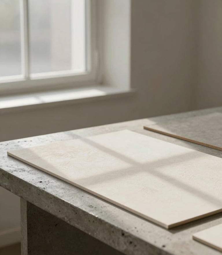 Architectural crop of a minimalist design studio interior, soft north-facing window light casting gentle shadows on a concrete desk with textured paper samples, muted slate and cream tones, 35mm lens.