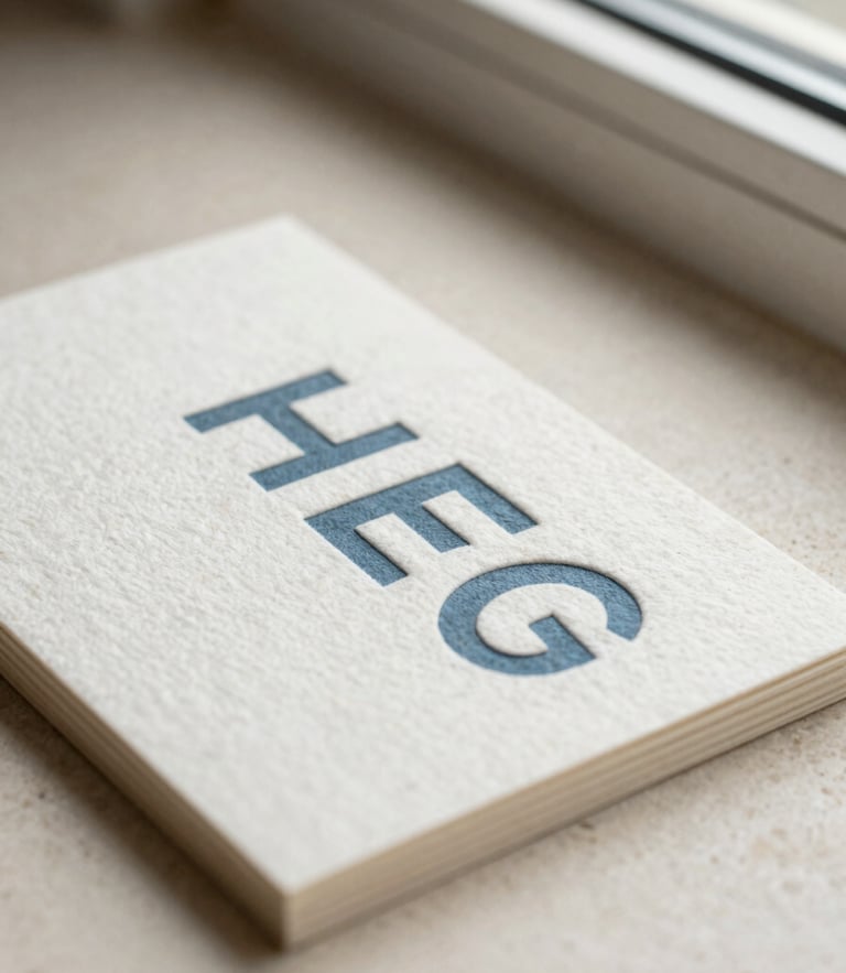 Macro photograph of heavy textured cotton business cards with deeply debossed slate blue typography, resting on a warm cream stone surface under soft, angled window light.
