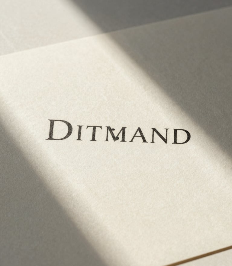 Macro portrait of printed brand collateral on textured warm cream paper stock, soft directional north-facing window light, natural shadows, minimalist visual design layout
