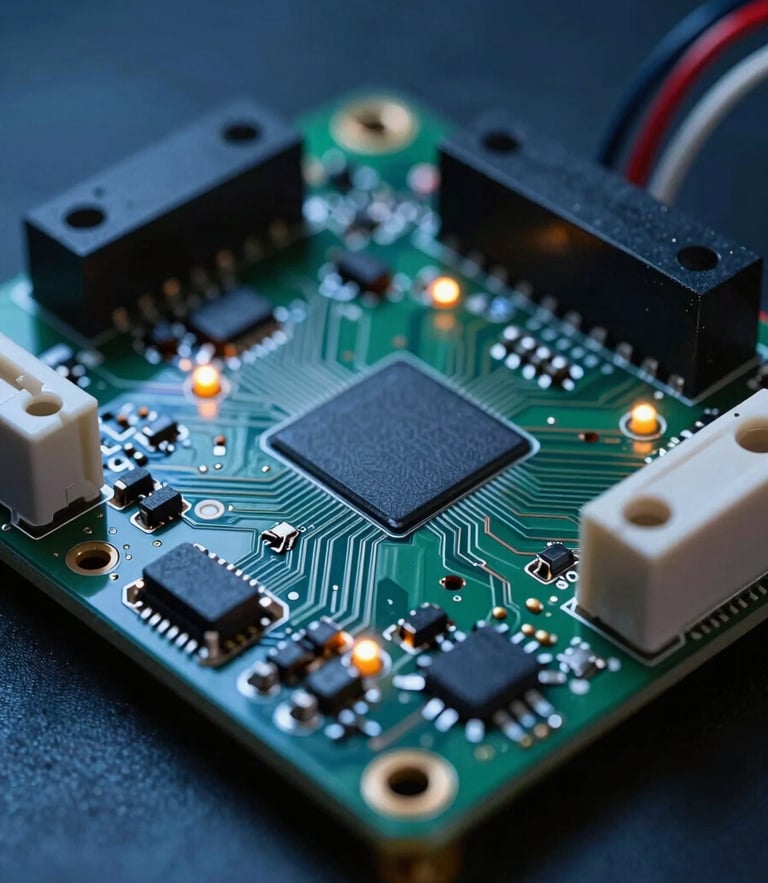 Macro close-up of a high-performance microcontroller board with exposed circuitry, glowing status LEDs, and connected wiring, high-contrast directional blue key light, dark background.