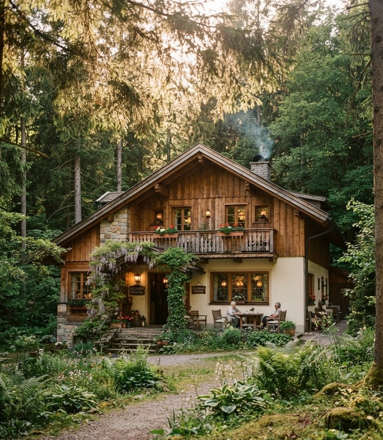 Cozy pension exterior in a lush green forest, warm dappled sunlight filtering through tall pine trees, 35mm film style