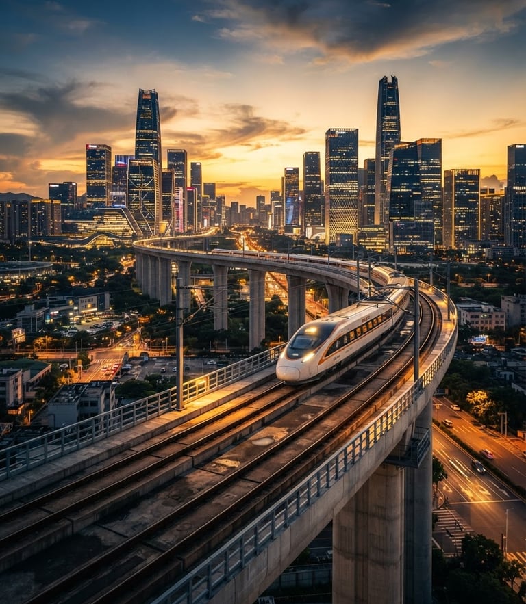 Dramatic ultra-wide low-angle shot of a modern high-speed rail viaduct curving into a smart city skyline at golden hour, sharp architectural lighting.