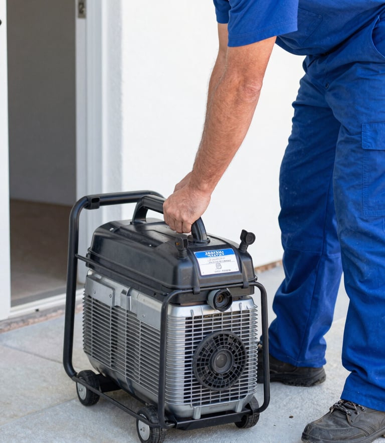 A professional water damage technician in a clean uniform operating a high-capacity extraction pump inside a Phoenix home, bright natural daylight, sharp focus.