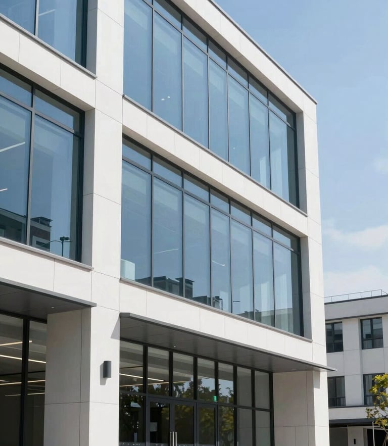 Crisp architectural photography of a modern commercial building exterior with clean glass and steel paneling under bright daylight