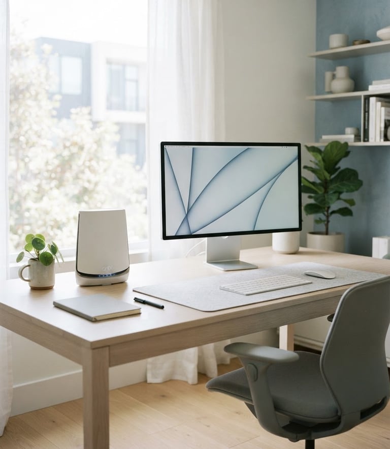 Bright modern minimalist workspace with high-key natural daylight, cool blue accents, high-end router on a clean desk, 35mm photography