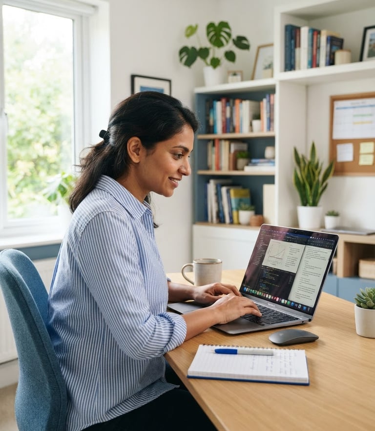 A professional Indian adult studying with a laptop in a bright, sunlit home office, clean blue and white tones, optimistic academic mood, 35mm lens