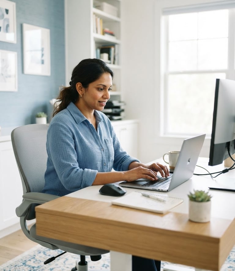 A professional Indian adult studying with a laptop in a bright modern home-office, soft natural window light, clean blue and white tones, 35mm lens.
