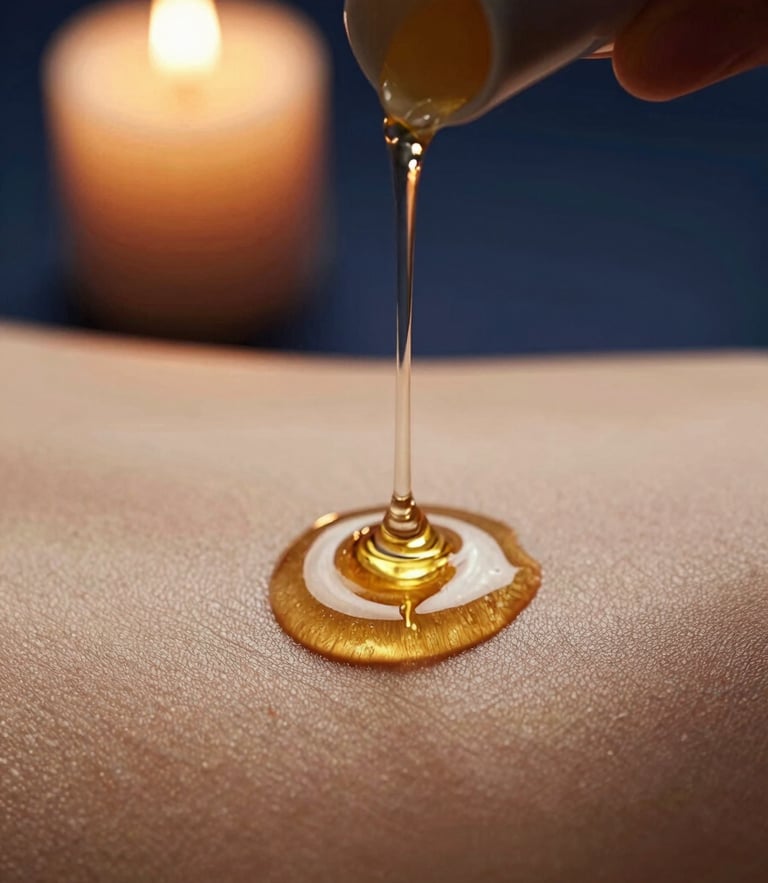 Macro close-up of warm golden massage oil being poured from a dark ceramic lip onto bare skin, soft candlelit shadows, elegant and sensual