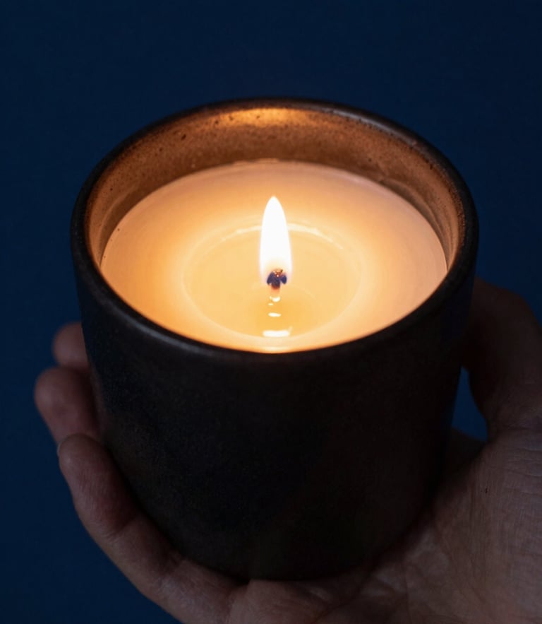 Macro close-up of a hand gently holding a dark, textured ceramic candle vessel, warm golden candlelight reflecting off the smooth wax, deep blue shadow background.