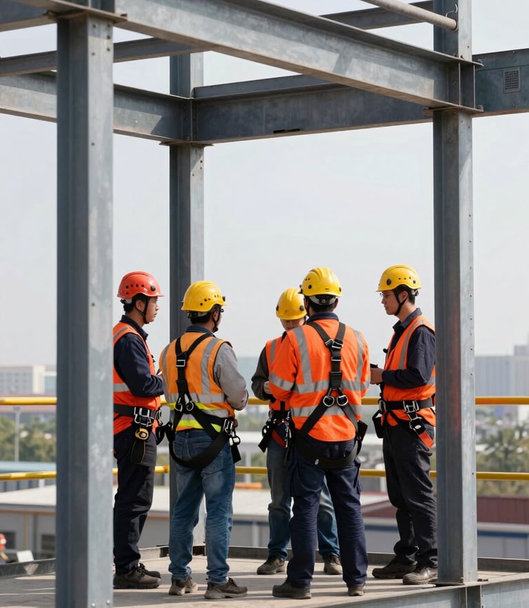 Industrial safety training session, workers with helmets and harness on a steel structure, daylight, high contrast, technical focus