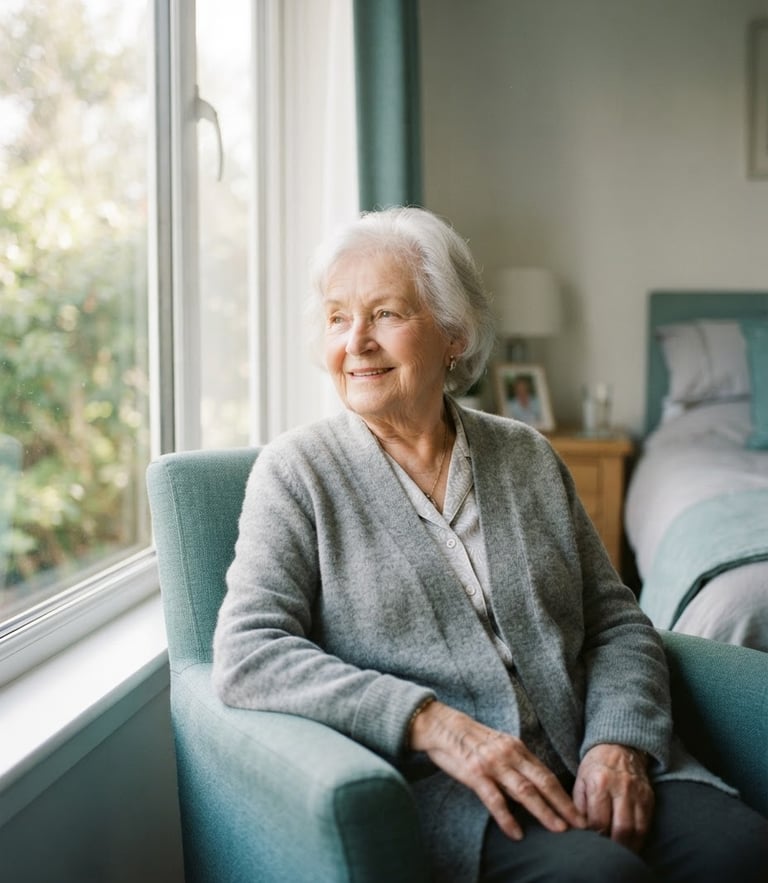 A serene elderly person sitting by a bright window, breathing comfortably, soft morning light, clinical yet warm home setting, shallow depth of field.